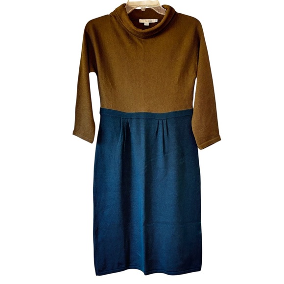 Boden Pure Wool Sweater Dress Rolled Cowlneck Teal Blue Khaki Green Sz 6 - Picture 1 of 9